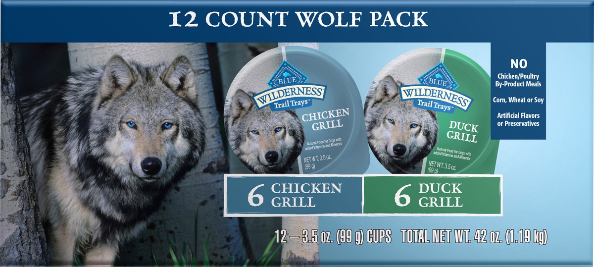 slide 3 of 3, Blue Buffalo Blue Wilderness Wolf Pack Chicken Grill Duck Grill Dog food 12 Cups 3.5 oz Can 12 ea, 12 ct