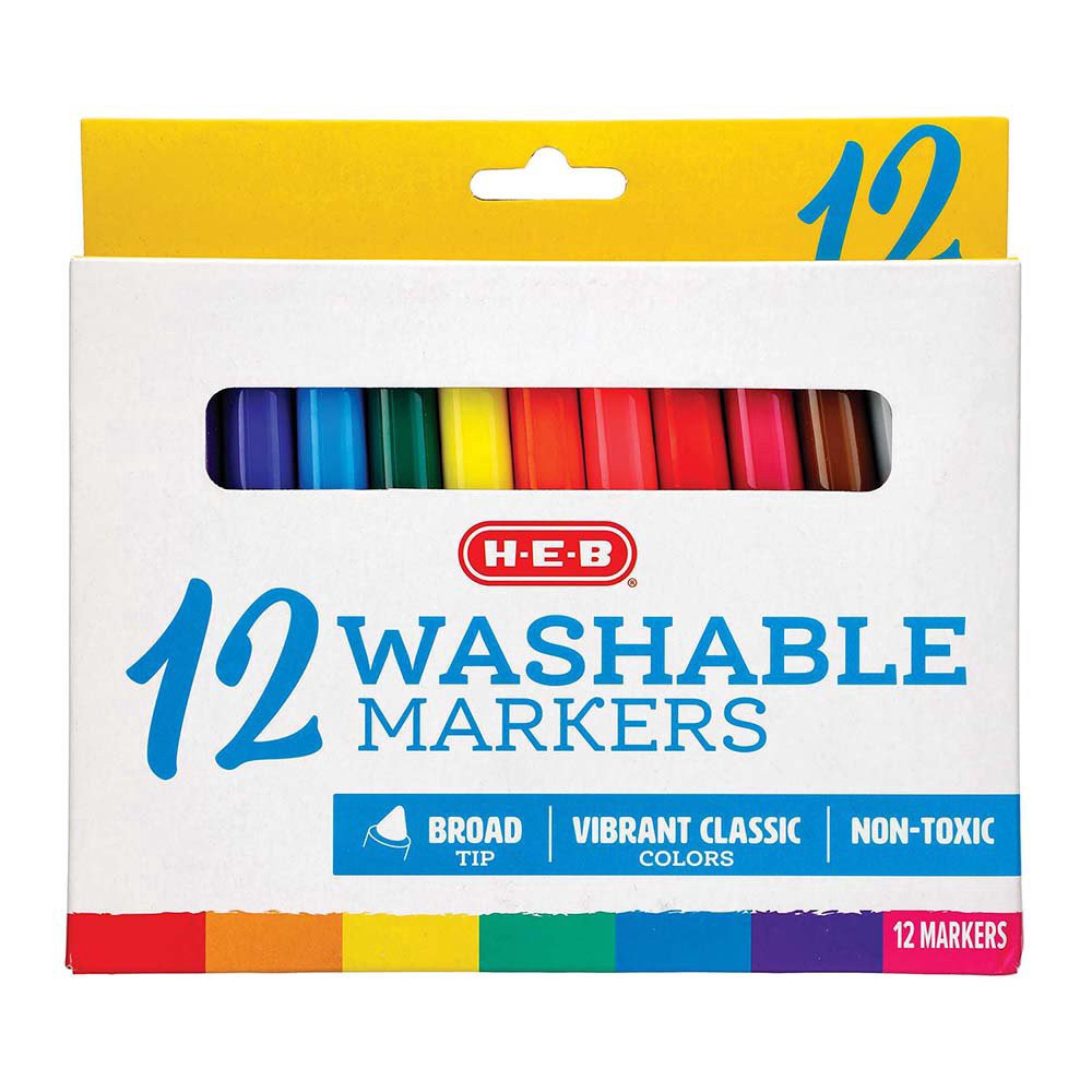slide 1 of 1, H-E-B Broad Tip Washable Markers, 12 ct