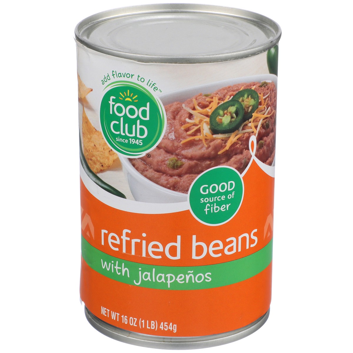 slide 1 of 9, Food Club Refried Beans With Jalapenos, 16 oz