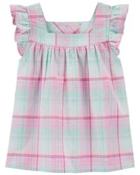 Oshkosh Toddler Plaid Flutter Top Pink, Green 5T
