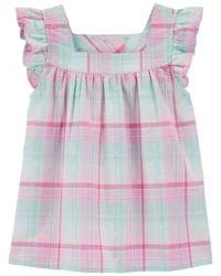 Oshkosh Toddler Plaid Flutter Top Pink, Green 5T