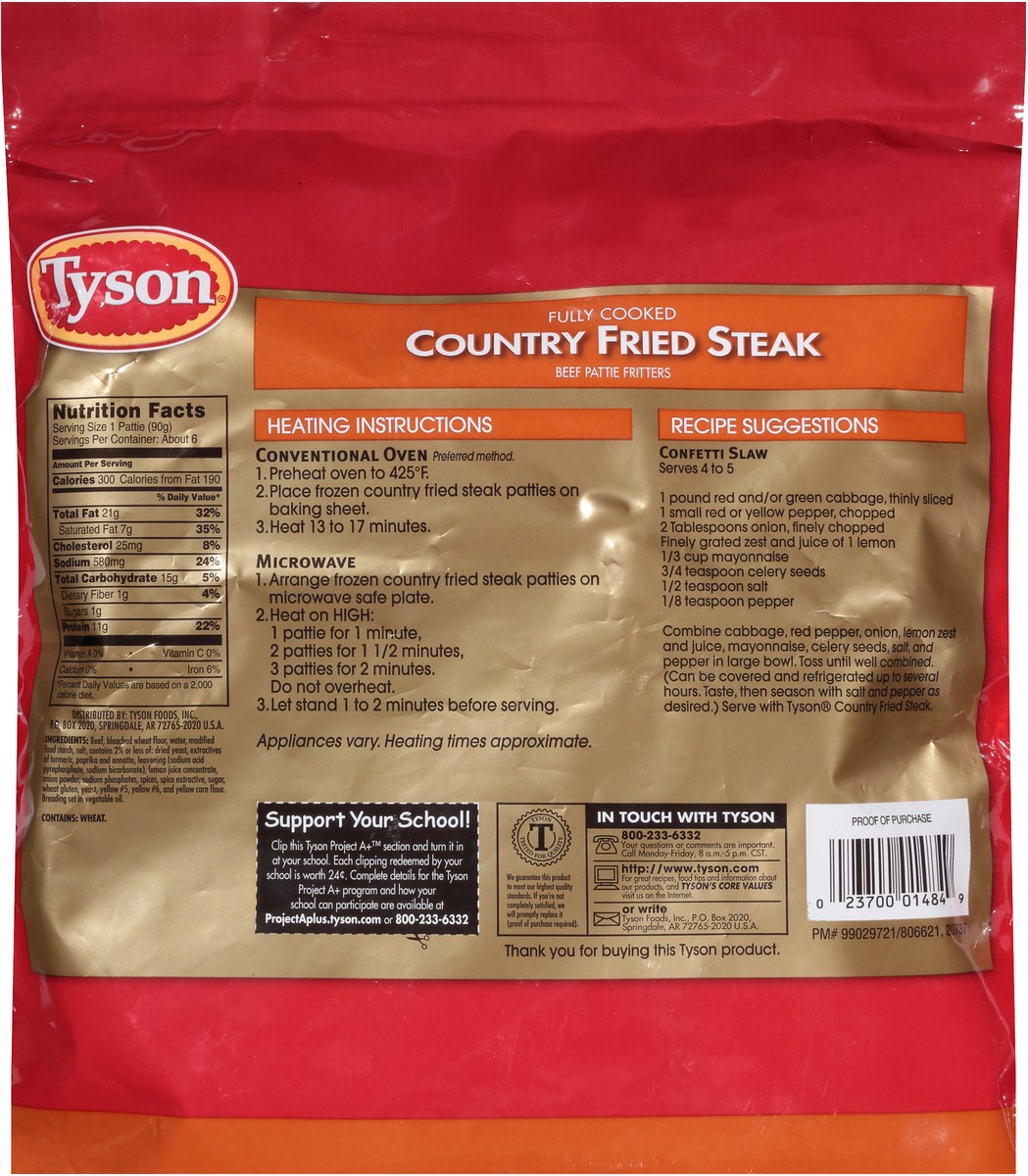 slide 3 of 7, Tyson Fully Cooked Country Fried Steak Patties, 20.5 oz. (Frozen), 581.16 g