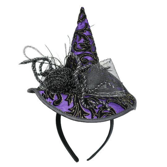 slide 1 of 1, Purple & Black Brocade Spider Witch Hat Headband By Celebrate It, 1 ct