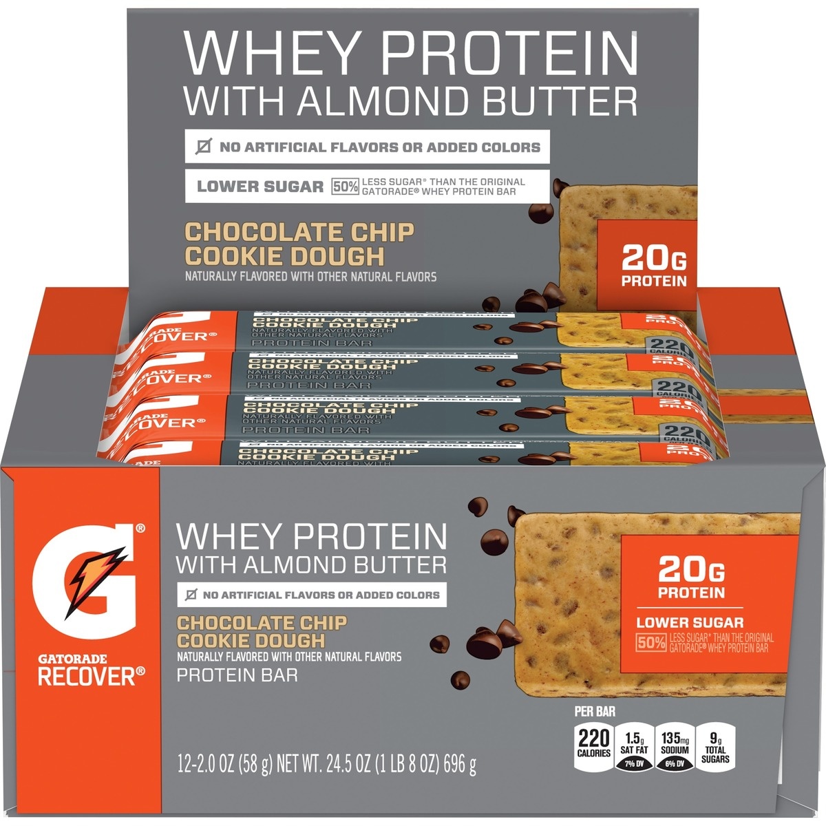 slide 1 of 5, Gatorade Recover Whey Protein with Almond Butter Chocolate Chip Cookie Dough Protein Bars, 12 ct; 2 oz