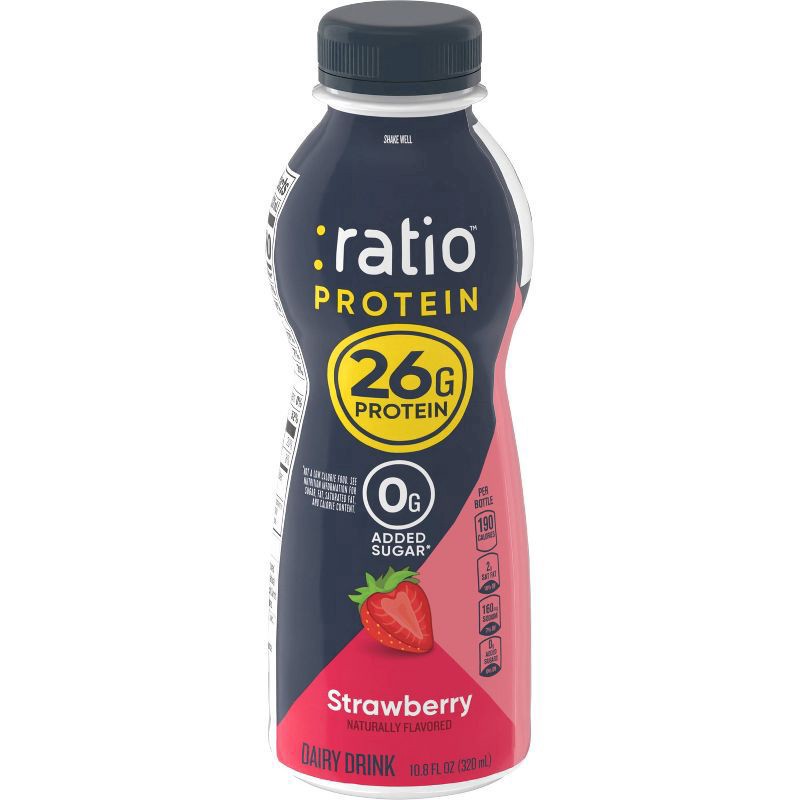 slide 10 of 12, :Ratio Protein Dairy Drink, Strawberry, 26g Protein, 10.8 fl oz, 10.8 oz