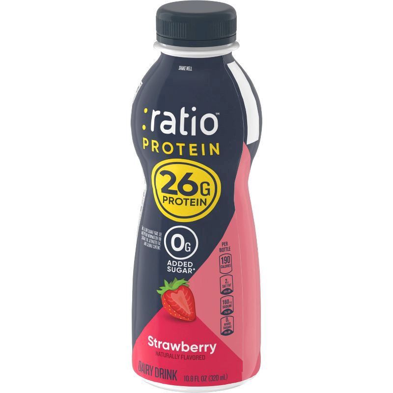 slide 7 of 12, :Ratio Protein Dairy Drink, Strawberry, 26g Protein, 10.8 fl oz, 10.8 oz
