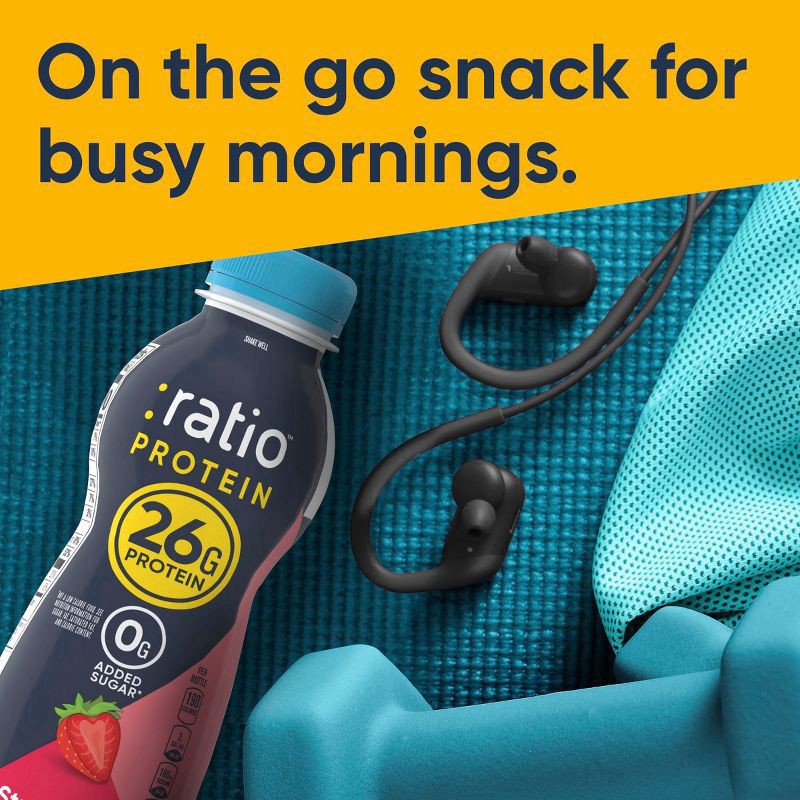 slide 9 of 12, :Ratio Protein Dairy Drink, Strawberry, 26g Protein, 10.8 fl oz, 10.8 oz