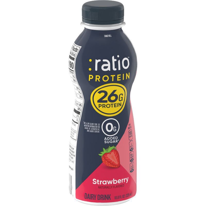 slide 8 of 12, :Ratio Protein Dairy Drink, Strawberry, 26g Protein, 10.8 fl oz, 10.8 oz
