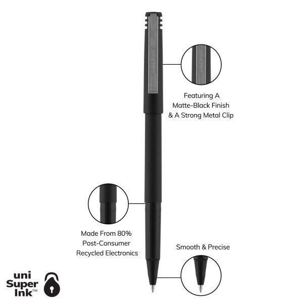 slide 2 of 9, uni-ball Rollerball Pens, Micro Point, 0.5 Mm, 80% Recycled, Black Barrel, Black Ink, Pack Of 12 Pens, 12 ct