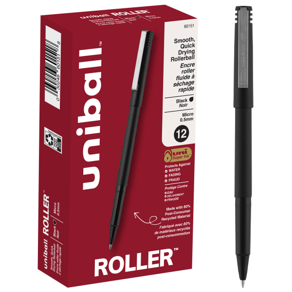 slide 1 of 9, uni-ball Rollerball Pens, Micro Point, 0.5 Mm, 80% Recycled, Black Barrel, Black Ink, Pack Of 12 Pens, 12 ct