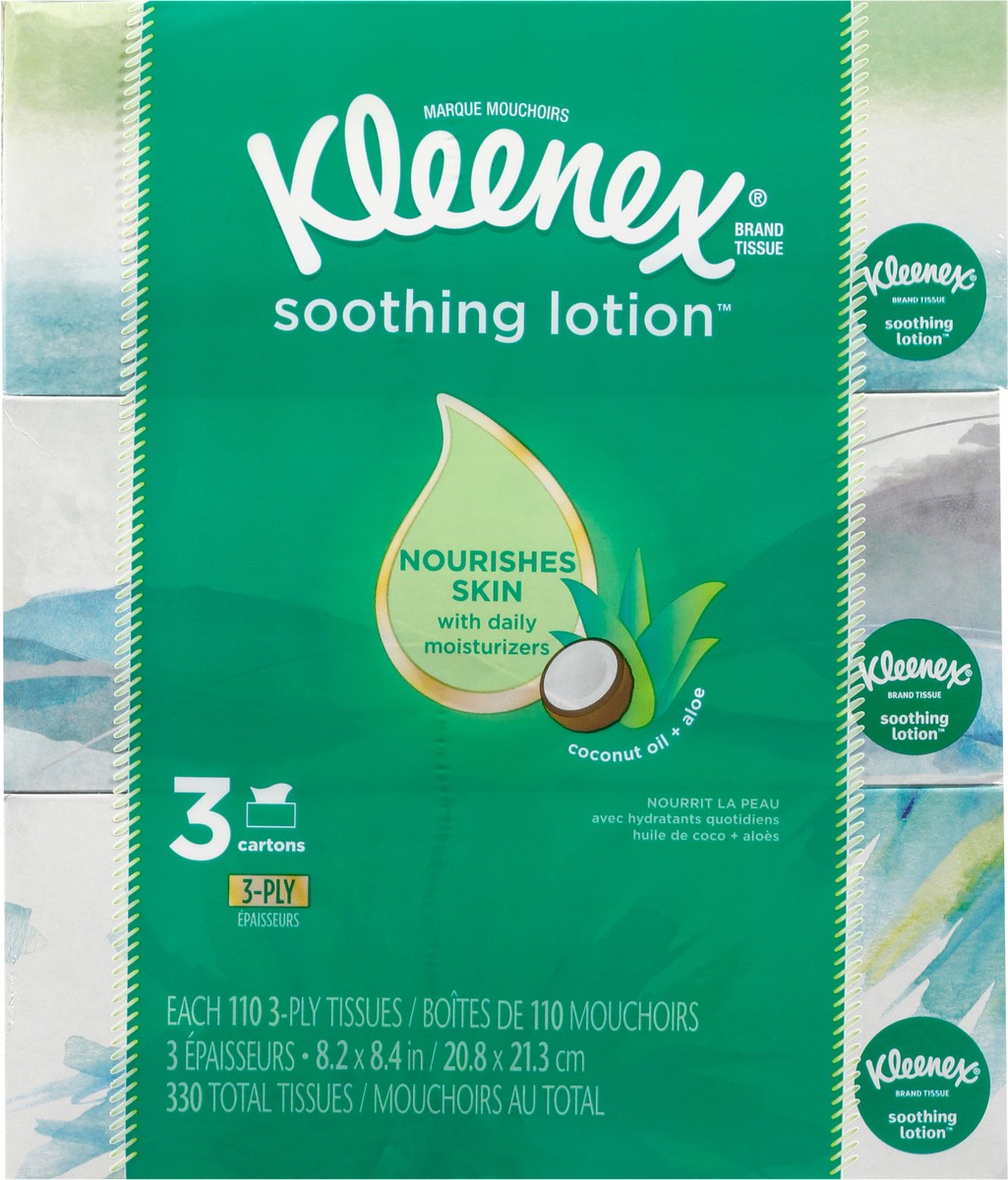 slide 4 of 9, Kleenex Lotion Facial Tissues with Coconut Oil, 3 Flat Boxes, 120 Tissues Per Box, 3-Ply, 3 ct