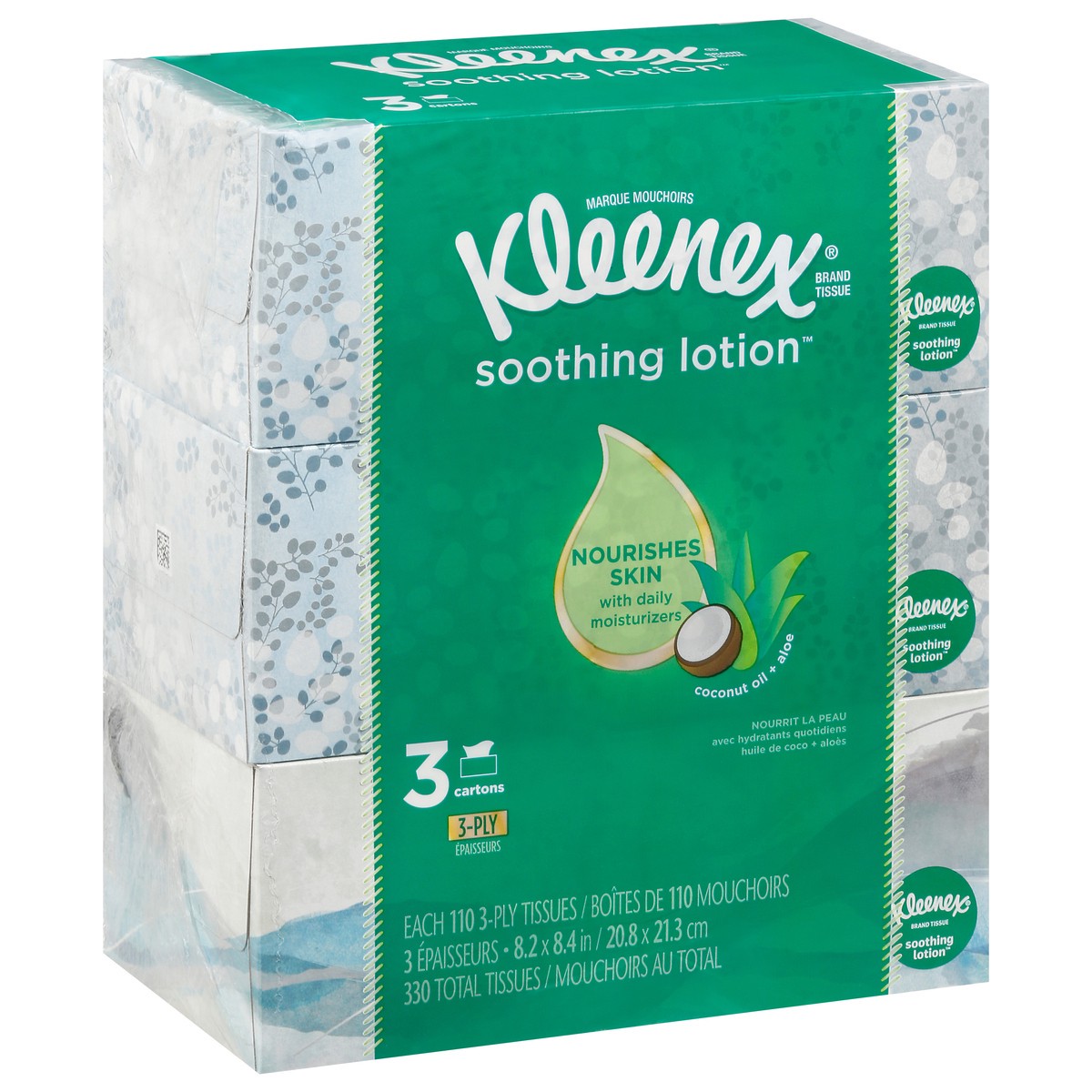 slide 5 of 9, Kleenex Lotion Facial Tissues with Coconut Oil, 3 Flat Boxes, 120 Tissues Per Box, 3-Ply, 3 ct