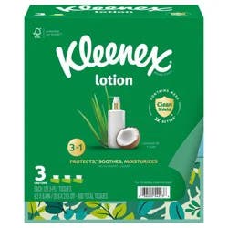 Kleenex Lotion Facial Tissues with Coconut Oil, 3 Flat Boxes, 120 Tissues Per Box, 3-Ply