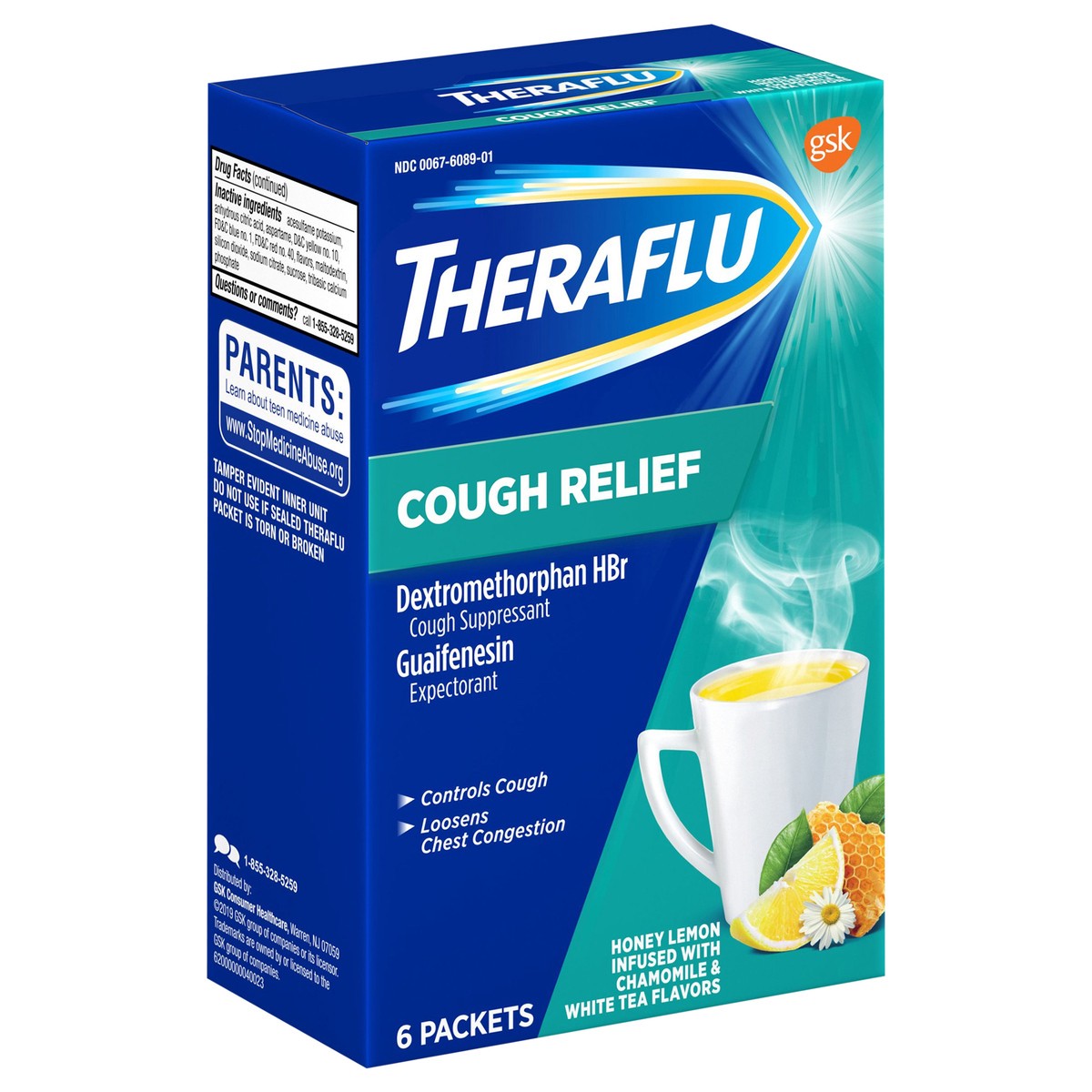 slide 2 of 10, Theraflu Cough Relief, Honey Lemon Infused with Chamomile and White Tea Flavors Cough Medicine for Adults - 6 Powder Packets, 6 ct