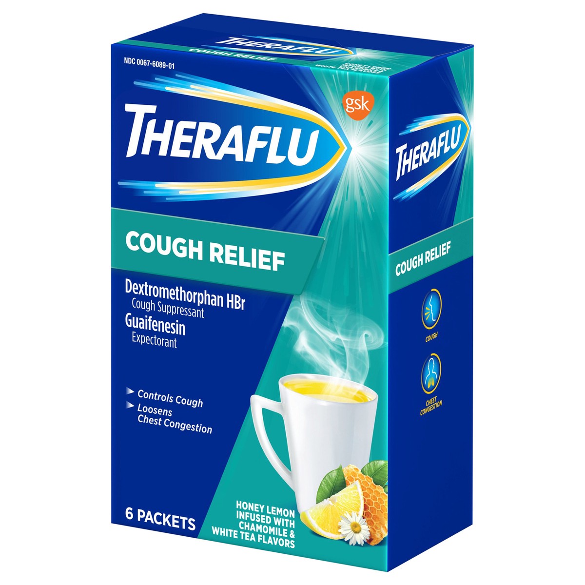 slide 5 of 10, Theraflu Cough Relief, Honey Lemon Infused with Chamomile and White Tea Flavors Cough Medicine for Adults - 6 Powder Packets, 6 ct