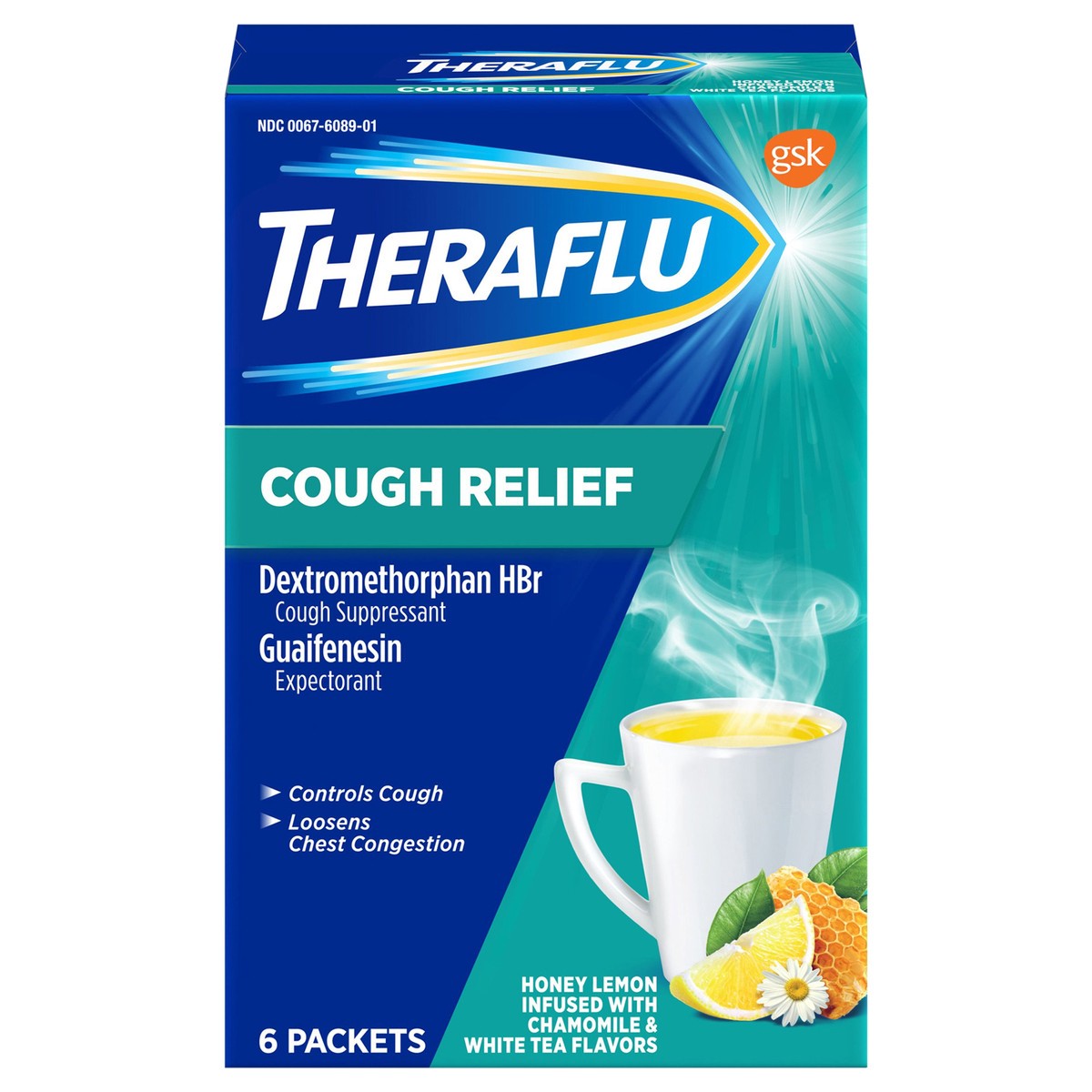 slide 1 of 10, Theraflu Cough Relief, Honey Lemon Infused with Chamomile and White Tea Flavors Cough Medicine for Adults - 6 Powder Packets, 6 ct