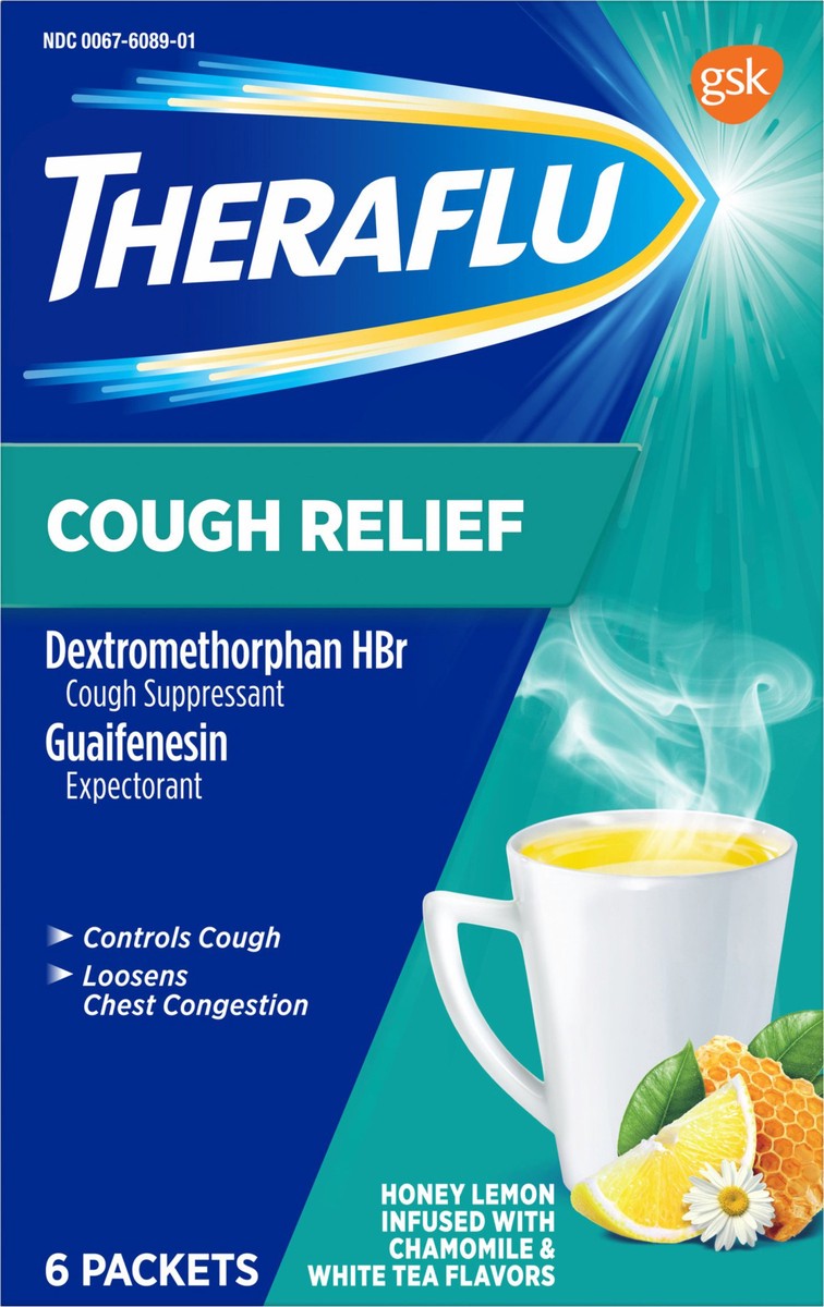 slide 6 of 10, Theraflu Cough Relief, Honey Lemon Infused with Chamomile and White Tea Flavors Cough Medicine for Adults - 6 Powder Packets, 6 ct