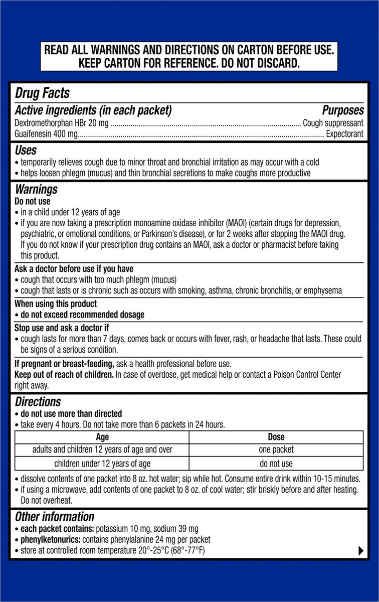 slide 4 of 10, Theraflu Cough Relief, Honey Lemon Infused with Chamomile and White Tea Flavors Cough Medicine for Adults - 6 Powder Packets, 6 ct