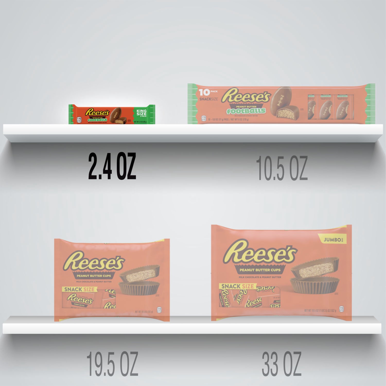 slide 5 of 8, Reese's Milk Chocolate King Size Peanut Butter Footballs, Candy Pack, 2.4 oz, 2.4 oz