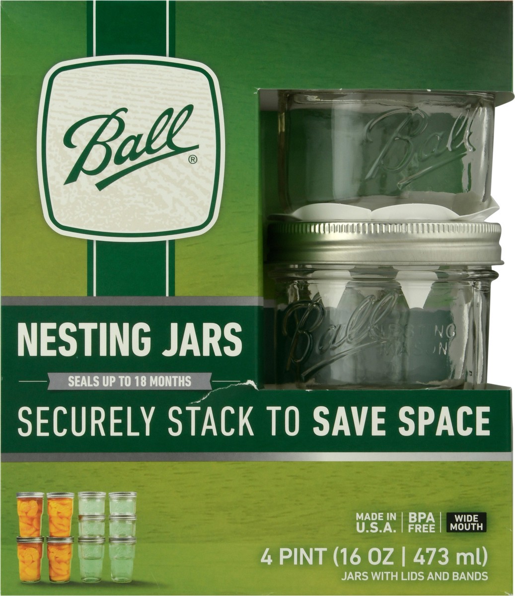 slide 1 of 3, Ball Nesting Mason Jar Set with Lids & Bands for Canning or Drinkware, Wide Mouth, Pint, 4 ct