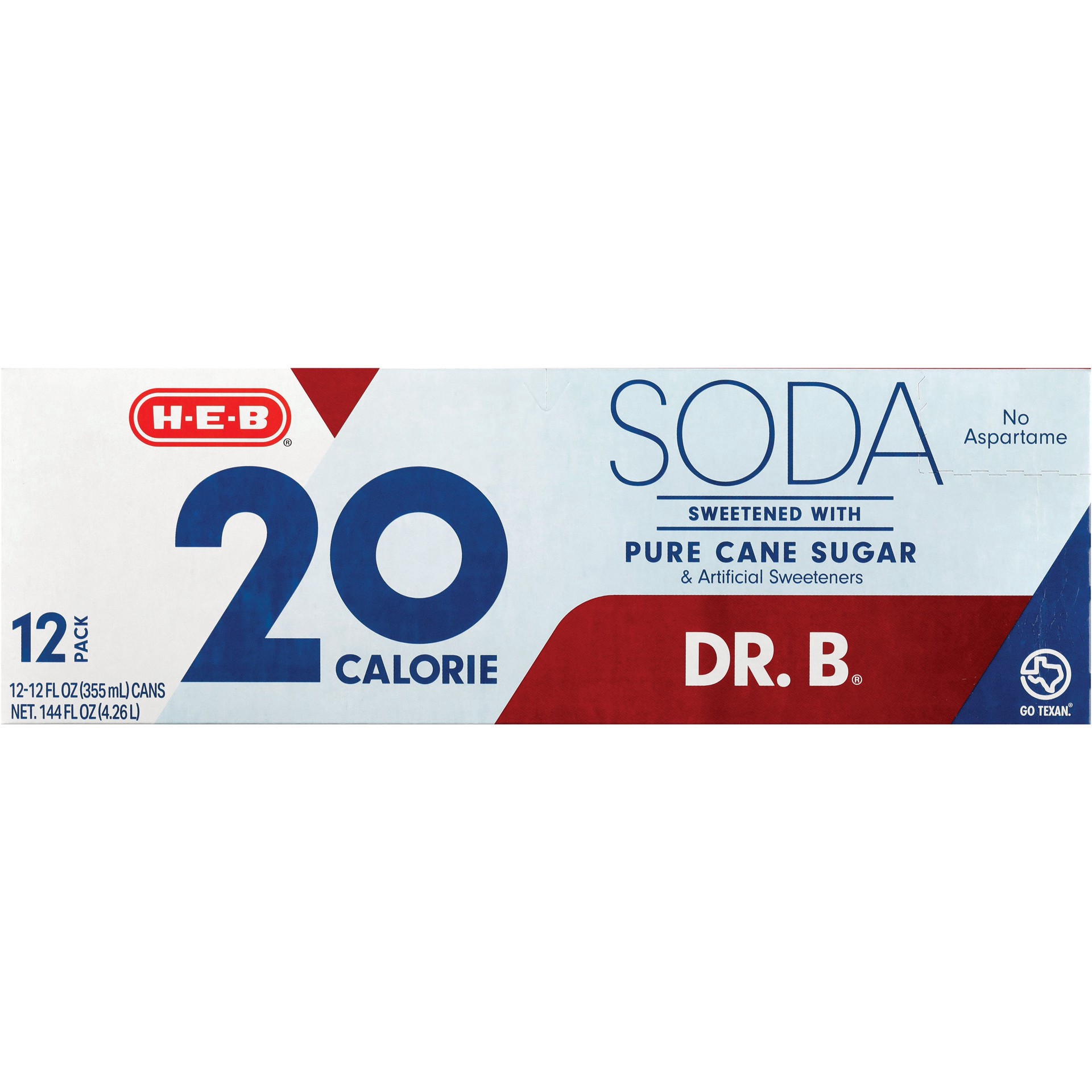 slide 1 of 1, H-E-B Dr. B 20 Calorie Pure Cane Sugar Soda - 12 oz, 12 oz