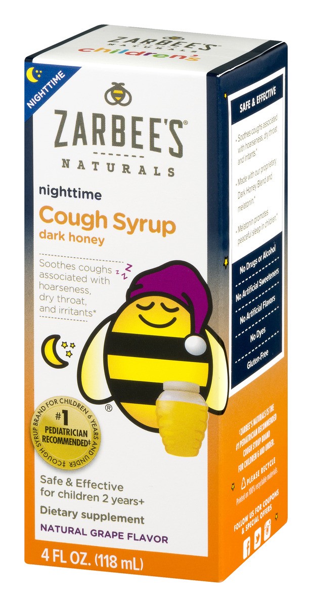 slide 3 of 9, Zarbee's Naturals Grape Nighttime Dark Honey Cough Syrup Dietary Supplement, 4 fl oz