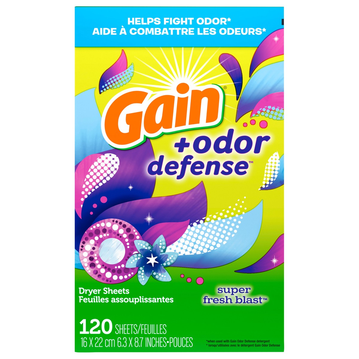 slide 1 of 7, Gain + Odor Defense Dryer Sheets, Super Fresh Blast Scent Fabric Softener Sheets, 120 ct, 120 ct