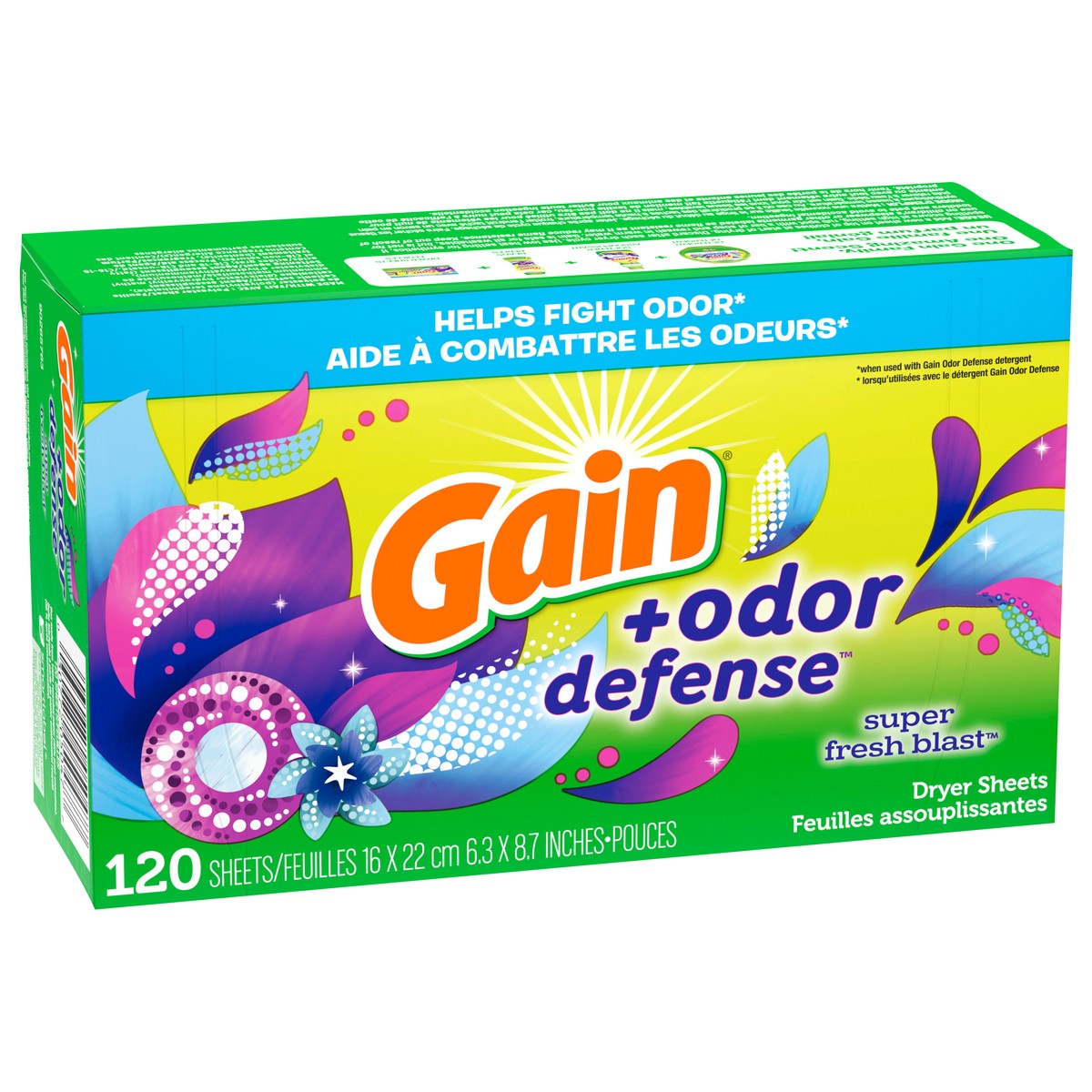 slide 6 of 7, Gain + Odor Defense Dryer Sheets, Super Fresh Blast Scent Fabric Softener Sheets, 120 ct, 120 ct
