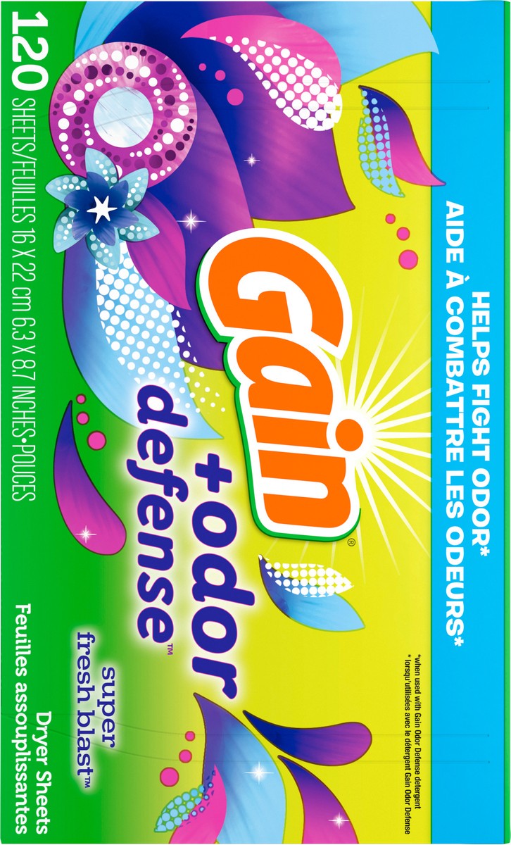slide 4 of 7, Gain + Odor Defense Dryer Sheets, Super Fresh Blast Scent Fabric Softener Sheets, 120 ct, 120 ct