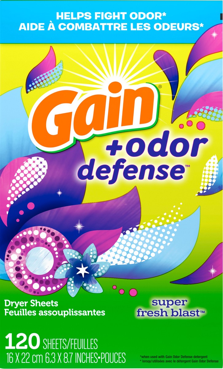 slide 2 of 7, Gain + Odor Defense Dryer Sheets, Super Fresh Blast Scent Fabric Softener Sheets, 120 ct, 120 ct