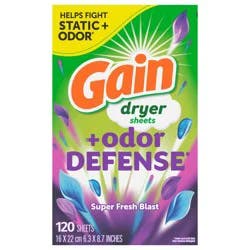 Gain Dryer Sheets Plus Odor Defense, Super Fresh Blast Scent, 120 Count, Helps fight static and odor, laundry sheets
