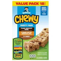 Quaker Chewy Dark Chocolate Chunk, Peanut Butter Chocolate Chip & S'mores Granola Bars Variety Pack - 18ct