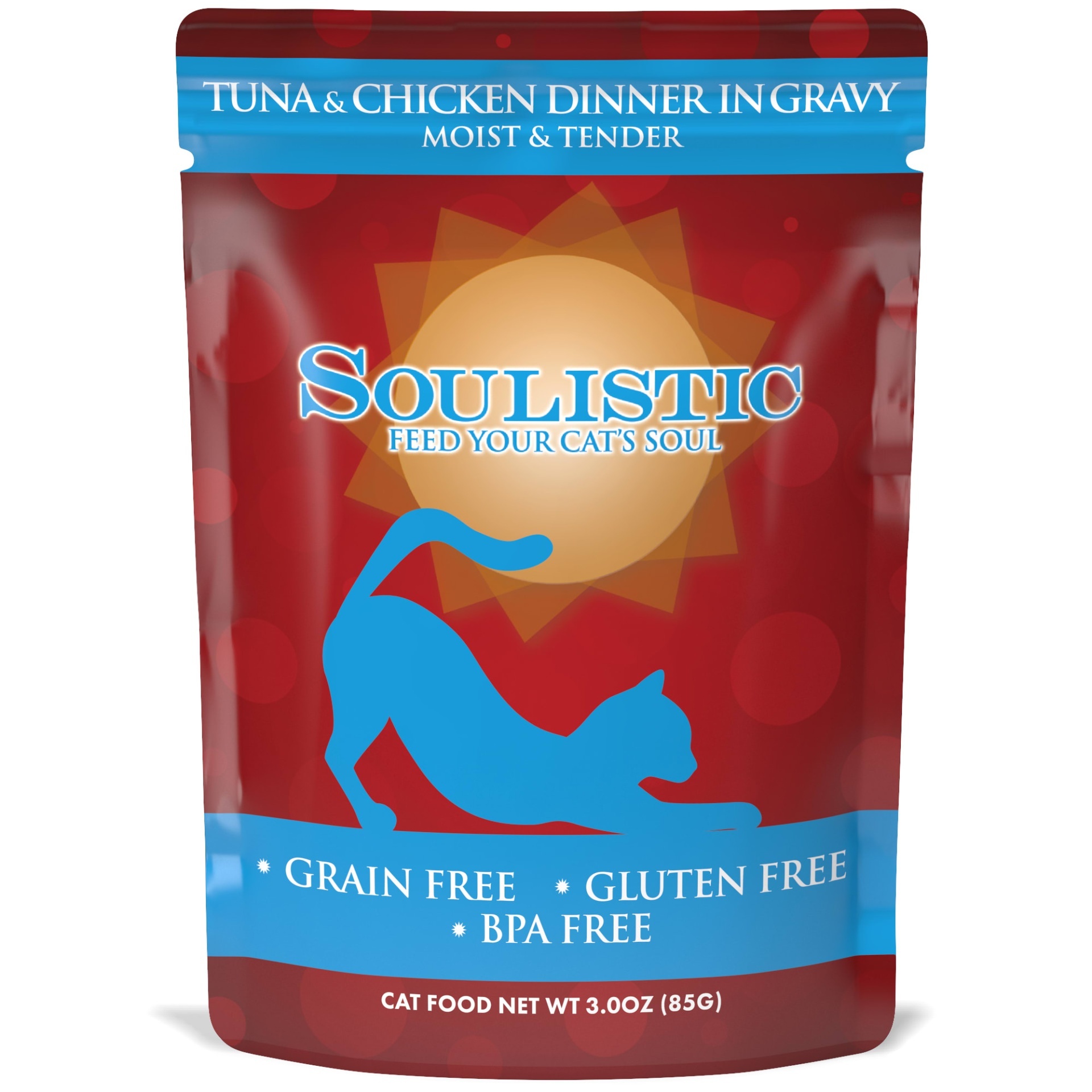 slide 1 of 1, Soulistic Moist & Tender Tuna & Chicken Dinner in Gravy Adult Cat Food Pouches, 3 oz