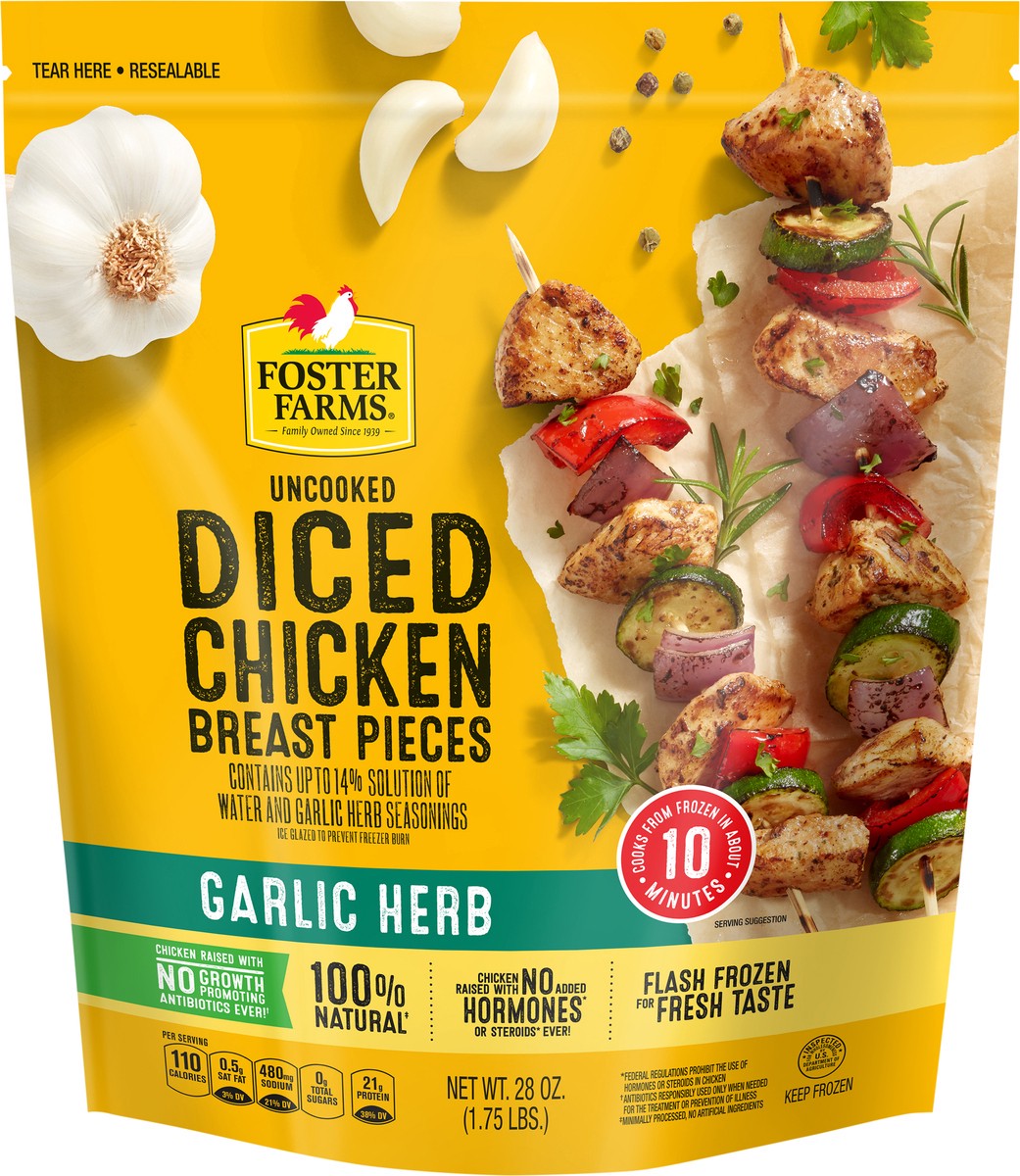 slide 1 of 10, Foster Farms Saute Ready Garlic Herb Frozen Chicken Breast Pieces, 28 oz