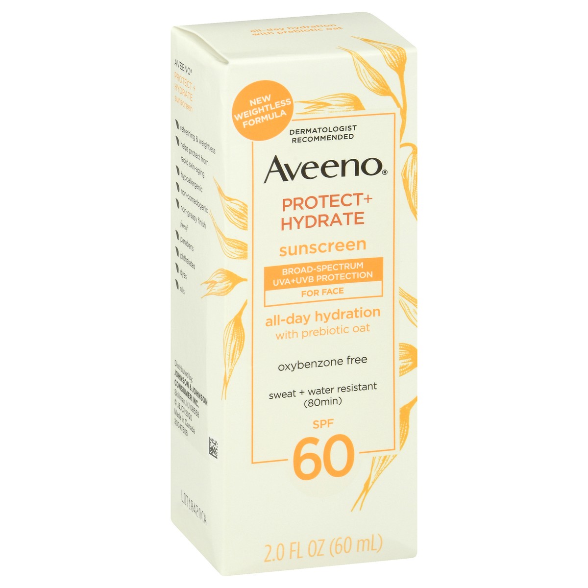 slide 8 of 9, Aveeno Protect + Hydrate Moisturizing Face Sunscreen Lotion with Broad Spectrum SPF 60 & Prebiotic Oat, Weightless & Refreshing Feel, Paraben-Free, Oil-Free, Oxybenzone-Free, 2.0 fl. oz, 2 oz