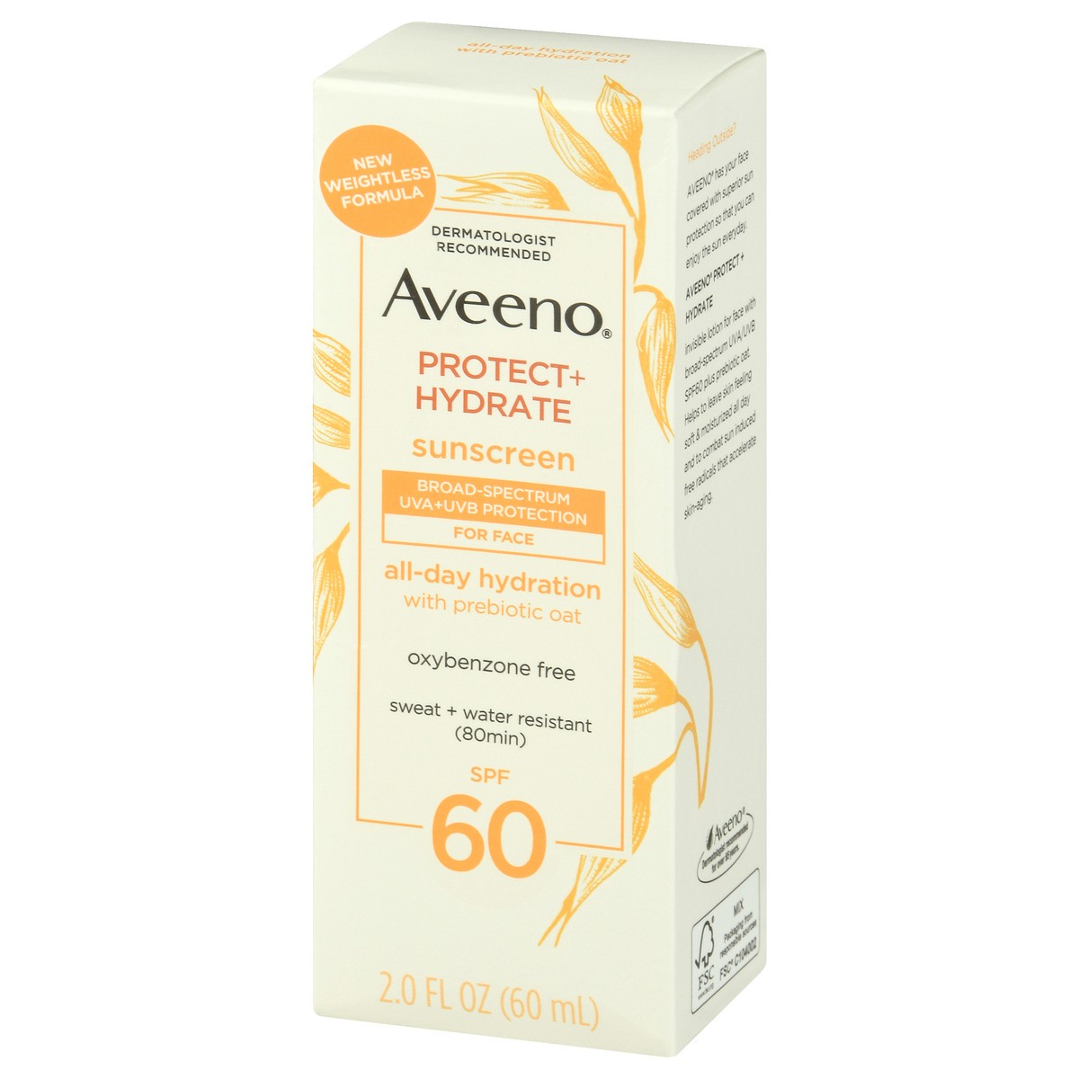 slide 7 of 9, Aveeno Protect + Hydrate Moisturizing Face Sunscreen Lotion with Broad Spectrum SPF 60 & Prebiotic Oat, Weightless & Refreshing Feel, Paraben-Free, Oil-Free, Oxybenzone-Free, 2.0 fl. oz, 2 oz