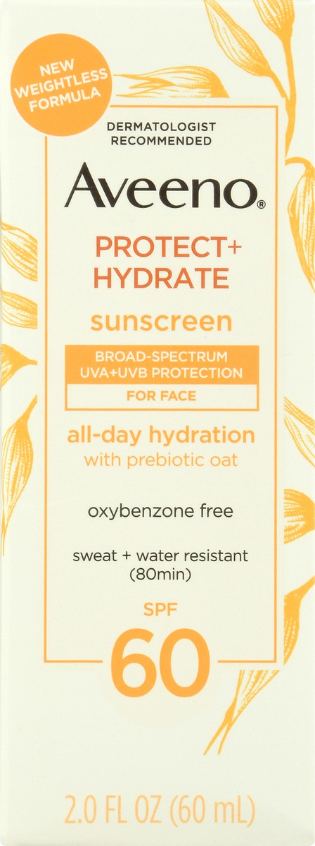 slide 5 of 9, Aveeno Protect + Hydrate Moisturizing Face Sunscreen Lotion with Broad Spectrum SPF 60 & Prebiotic Oat, Weightless & Refreshing Feel, Paraben-Free, Oil-Free, Oxybenzone-Free, 2.0 fl. oz, 2 oz