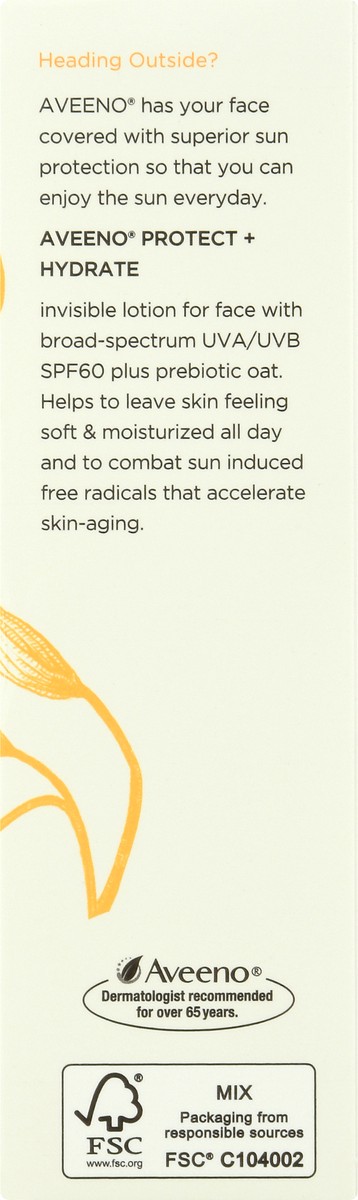 slide 6 of 9, Aveeno Protect + Hydrate Moisturizing Face Sunscreen Lotion with Broad Spectrum SPF 60 & Prebiotic Oat, Weightless & Refreshing Feel, Paraben-Free, Oil-Free, Oxybenzone-Free, 2.0 fl. oz, 2 oz