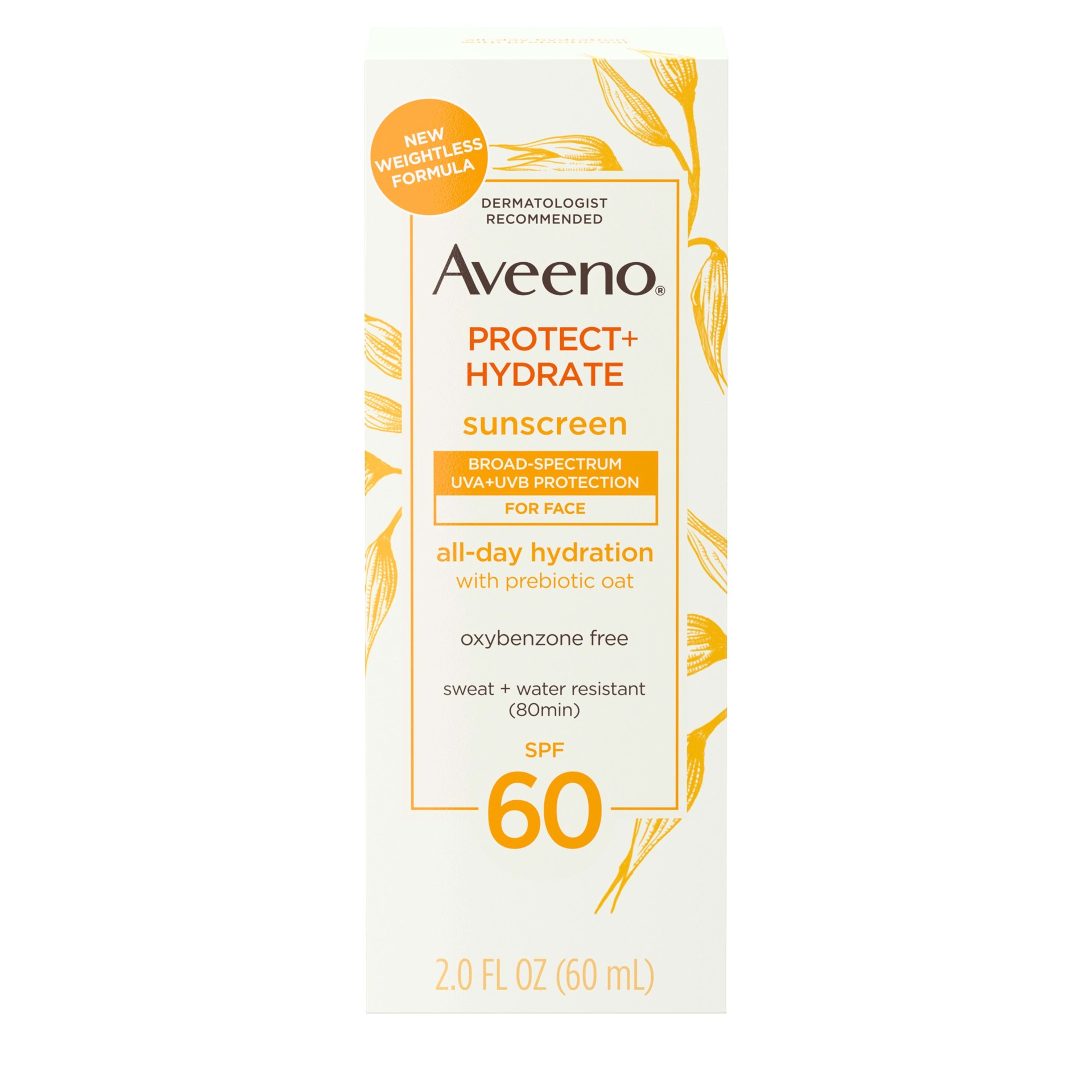 slide 1 of 9, Aveeno Protect + Hydrate Moisturizing Face Sunscreen Lotion with Broad Spectrum SPF 60 & Prebiotic Oat, Weightless & Refreshing Feel, Paraben-Free, Oil-Free, Oxybenzone-Free, 2.0 fl. oz, 2 oz