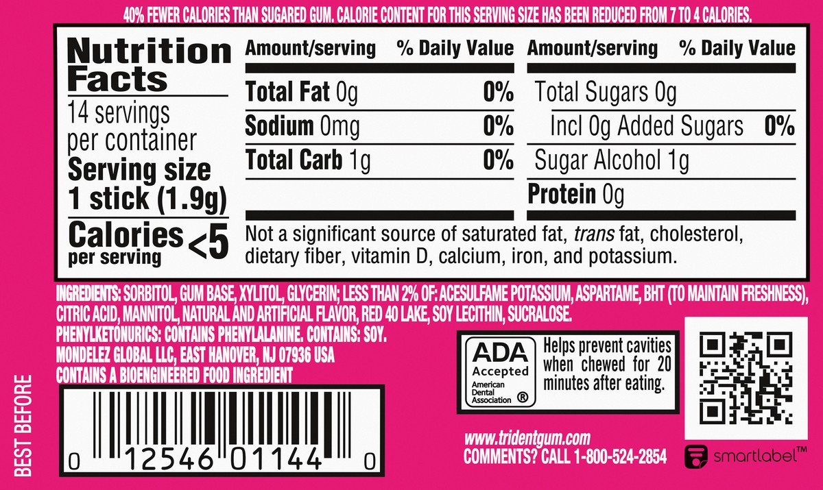 slide 5 of 9, Trident Bubblegum Sugar Free Gum, 14 Piece Pack, 0.94 oz