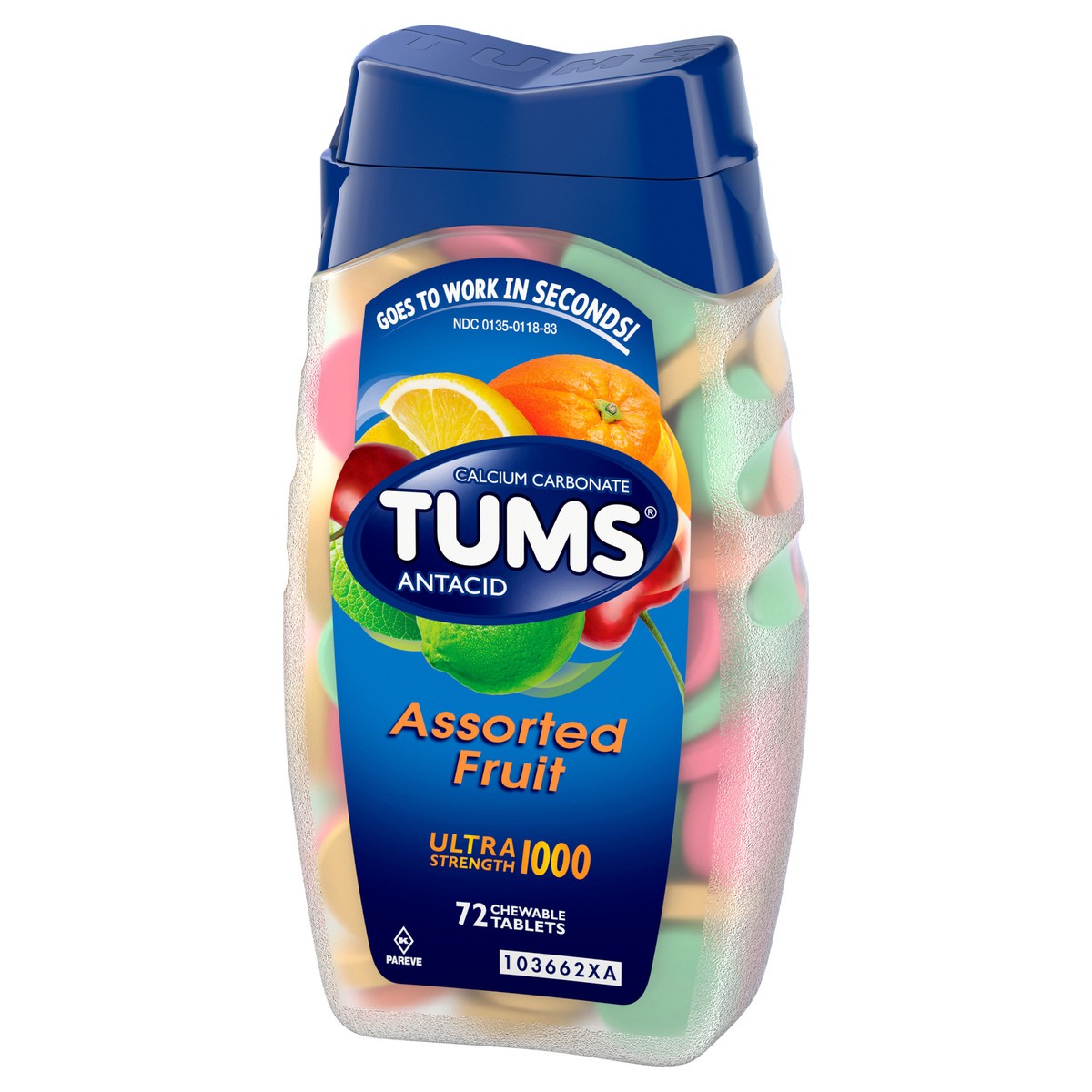slide 3 of 5, TUMS Ultra Strength Chewable Antacid Tablets for Heartburn Relief, Assorted Fruit - 72 Count, 72 ct