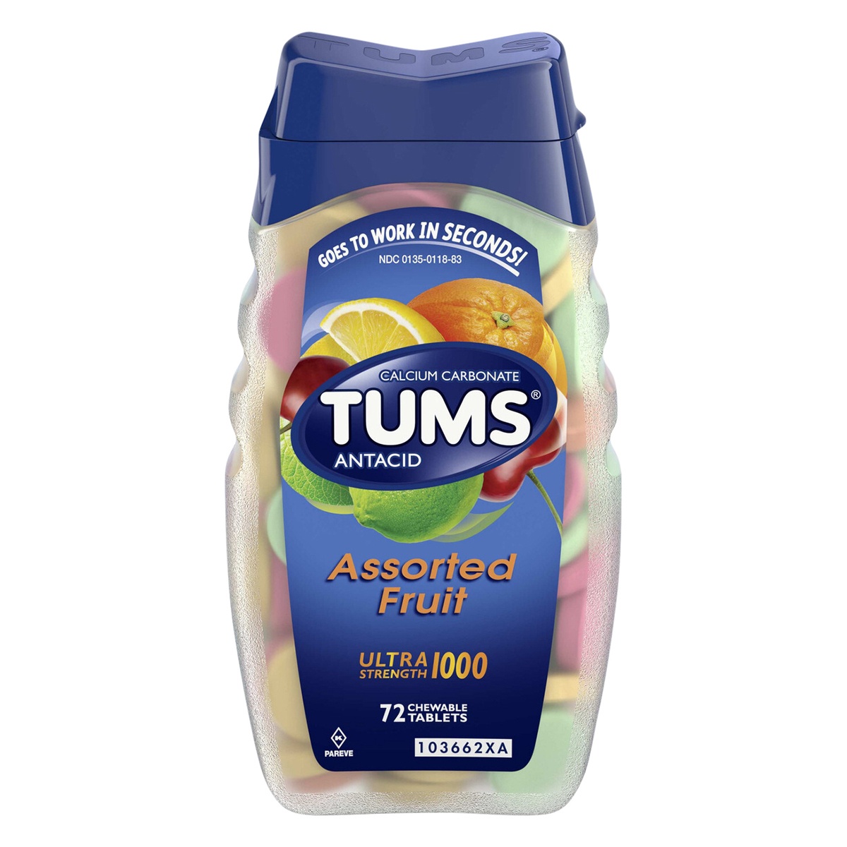slide 1 of 4, TUMS Ultra Strength Chewable Antacid Tablets for Heartburn Relief, Assorted Fruit - 72 Count, 72 ct