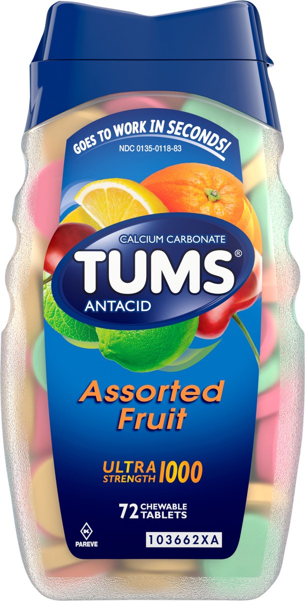 slide 5 of 5, TUMS Ultra Strength Chewable Antacid Tablets for Heartburn Relief, Assorted Fruit - 72 Count, 72 ct