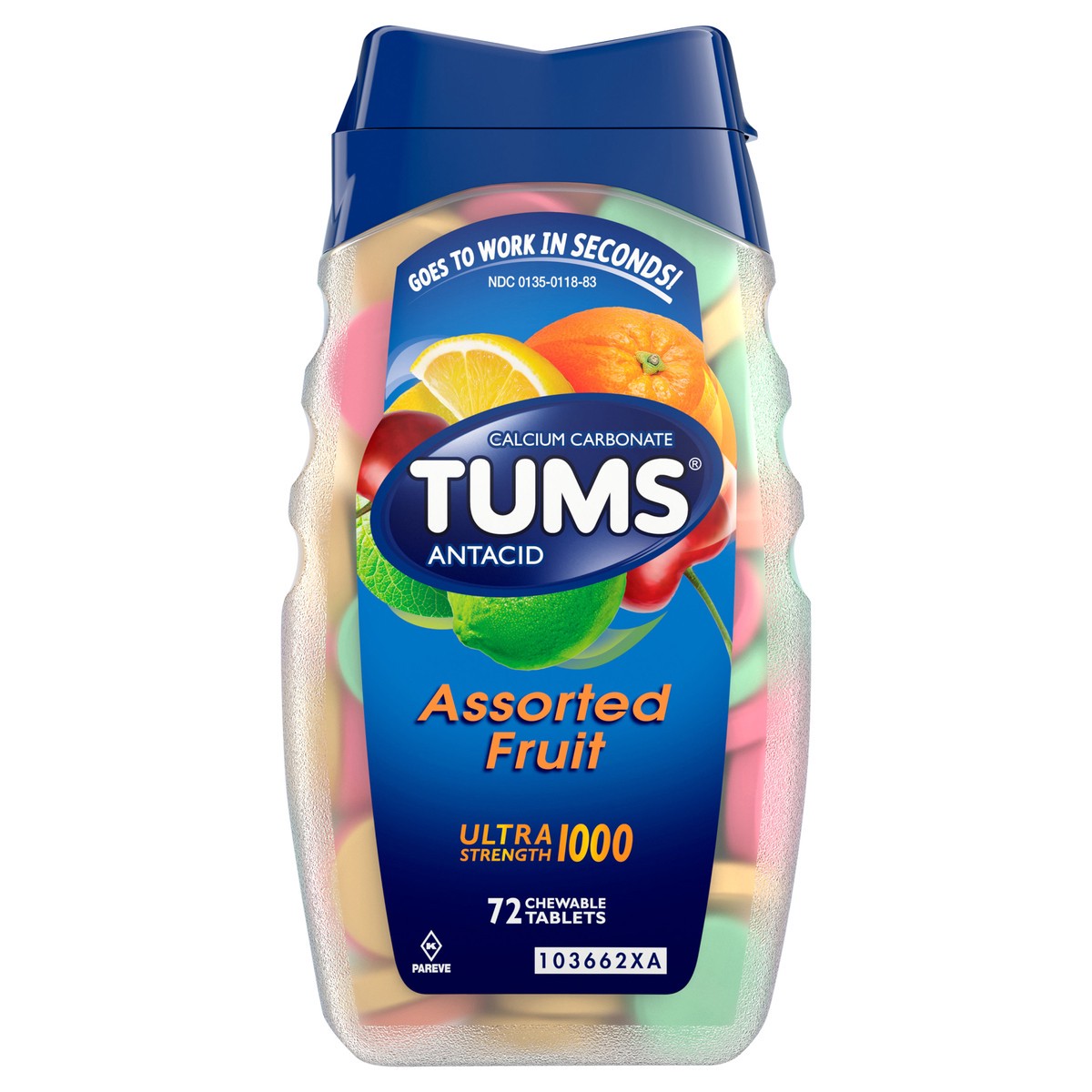 slide 1 of 5, TUMS Ultra Strength Chewable Antacid Tablets for Heartburn Relief, Assorted Fruit - 72 Count, 72 ct
