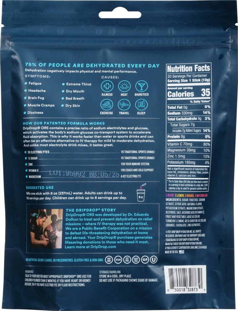 slide 2 of 2, DripDrop ORS Dehydration Relief Fast Electrolyte Powder Variety Pack 20 ea, 20 ct