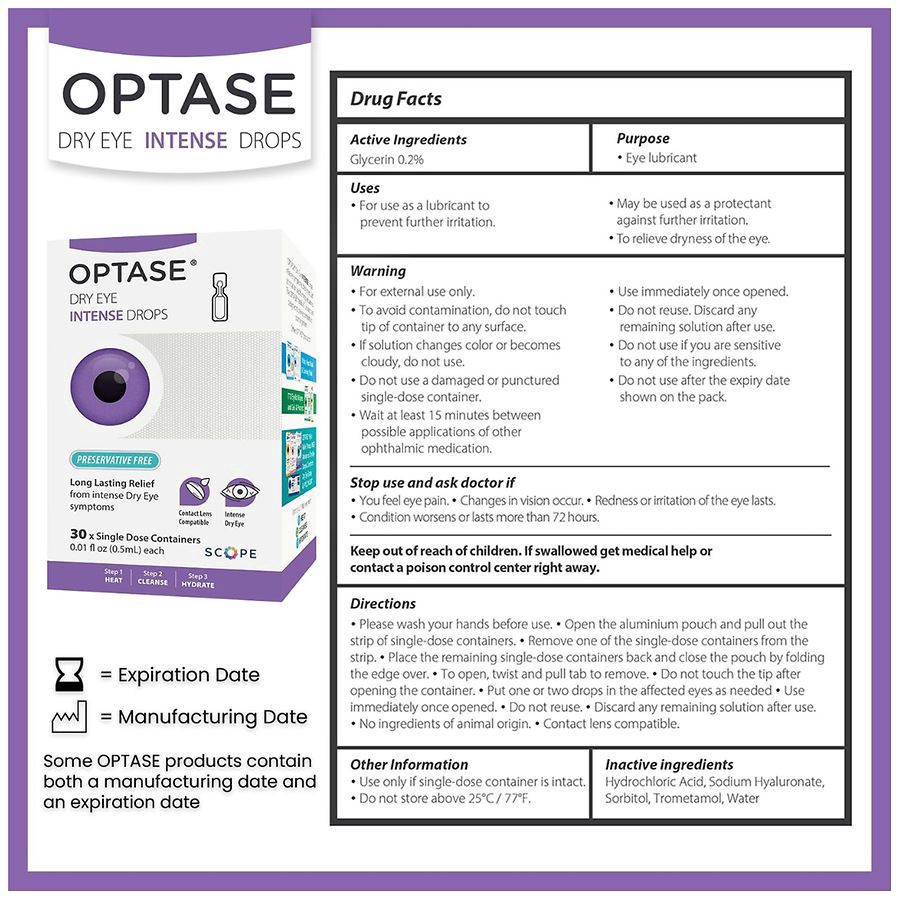 slide 4 of 4, Optase Dry Eye Intense Drops 30 - 0.01 fl oz Containers, 30 ct