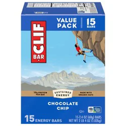 CLIF BAR - Chocolate Chip - Made with Organic Oats - Energy Bars - Non-GMO - Plant Based Protein Bars (15 Pack)