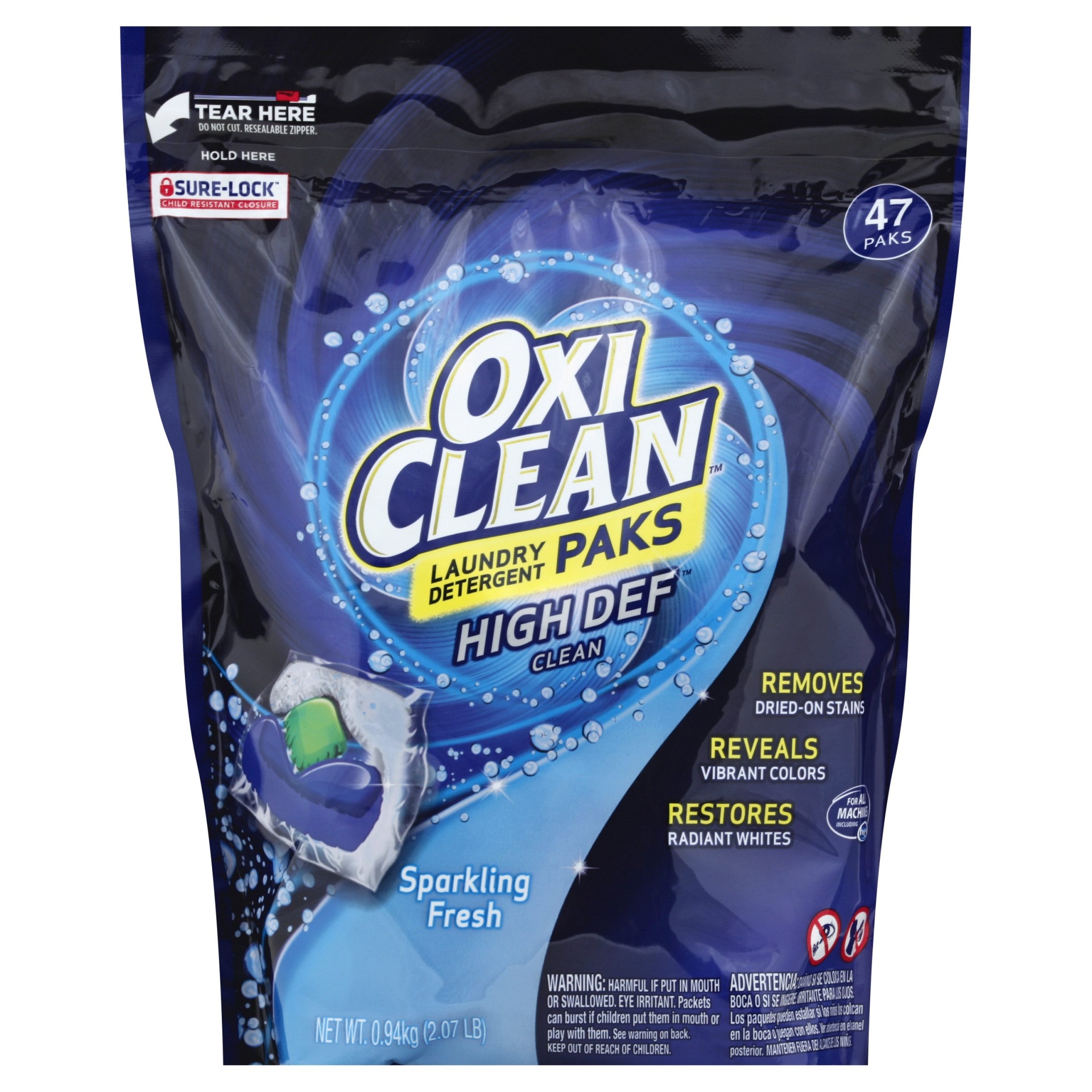 slide 1 of 4, Oxi-Clean High Def Clean Sparkling Fresh Laundry Detergent Paks, 47 ct