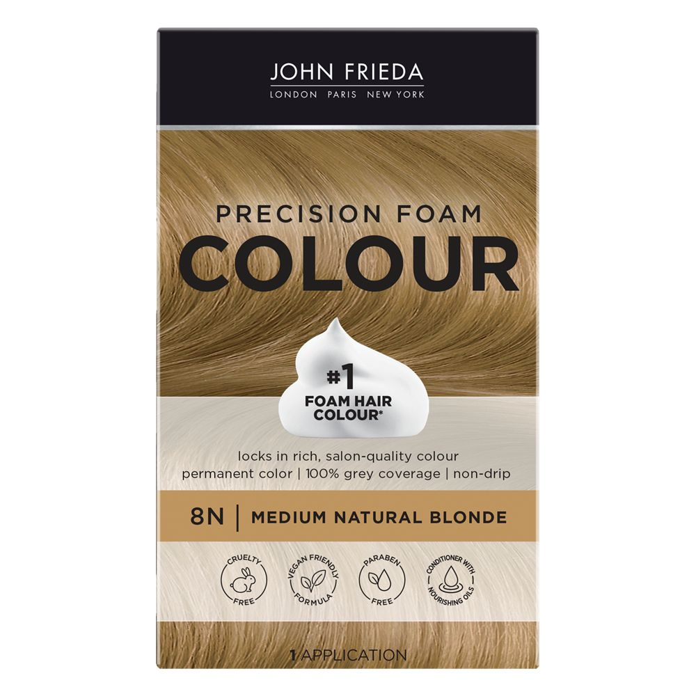 slide 1 of 15, John Frieda Blonde Permanent Precision Foam Hair Color Kit, Blonde Foam Hair Dye, 8N Medium Natural Blonde Hair Color, 1 Application, 6 pc