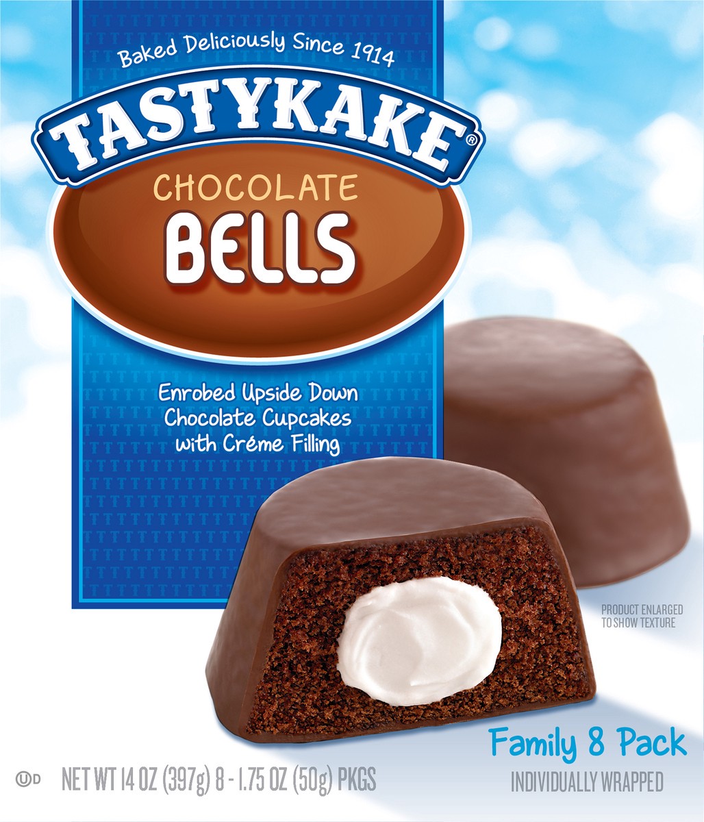 slide 1 of 17, Tastykake Creme Filled Chocolate Bells, 8 count, 8 Individually Wrapped Creme Filled Chocolate Cakes, 8 ct